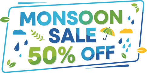 Colorful monsoon sale banner with 50% off text, decorated with clouds, raindrops, leaves, and an umbrella, perfect for seasonal promotions.