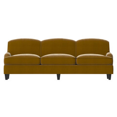 Mustard yellow velvet sofa front view, 3D render isolated on transparent background.