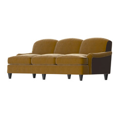 Mustard yellow velvet sofa in perspective view, 3D render isolated on transparent background.