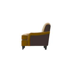 Mustard yellow and brown sofa side view, 3D render isolated on transparent background.