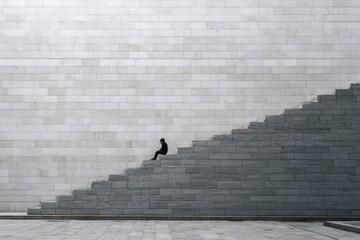 student alone on wide stone staircase in empty school, symbolizing challenge and perseverance