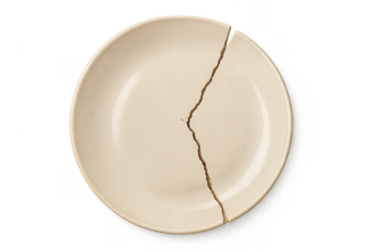 Broken white plate on transparent background representing divorce or separation