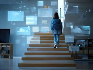 student in home setting climbing digital staircase made of e-learning modules, clean modern look