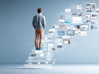 student in home setting climbing digital staircase made of e-learning modules, clean modern look