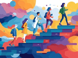 students climbing a staircase labeled with academic milestones, flat vector style, bright color blocks