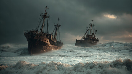 Two ships are in the ocean