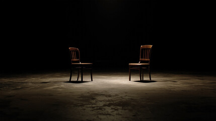 Two wooden chairs are sitting in a dark room