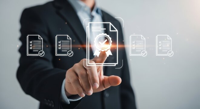 Photo of a businessmans finger touches a glowing digital certificate icon, symbolizing quality assurance and business achievement