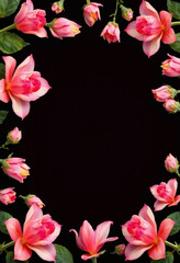 Vibrant Pink Flowers and Blooms: Elegant Floral Border Design with Black Background for Stunning Wedding Invitations and Romantic Nature-Inspired Decorative Frames