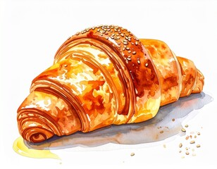 Shiny honey-glazed croissant in watercolor style on white background
