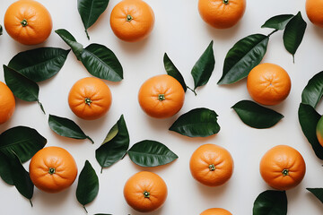 a group of oranges with leaves on a white surface