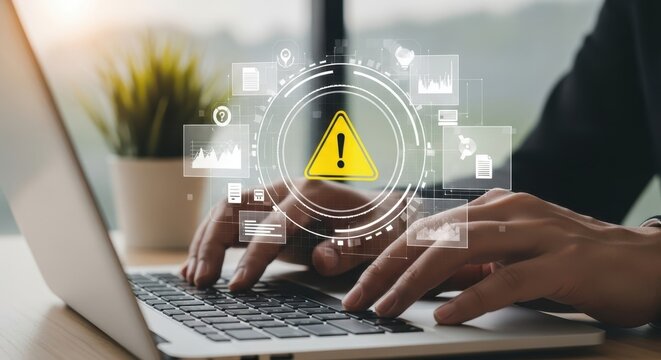 Photo of a persons hands type on a laptop keyboard, with a digital interface showing a warning triangle and data charts, indicating potential risks or alerts in business operations