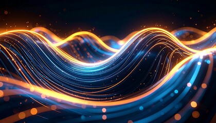 Abstract wavy lines of glowing, shimmering,  blue and orange threads on dark background