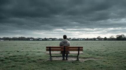 Solitary man sitting on bench facing vast lake, symbolizing emotional distance and mental retreat Image 4K UHD