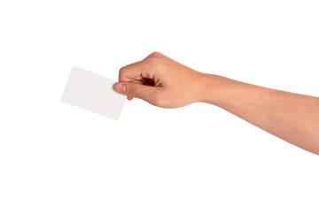 Hand holding a blank white smart card isolated on transparent PNG. Concept for business, technology...