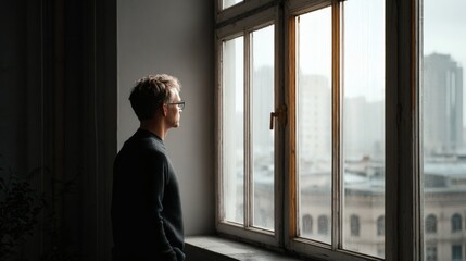 Man gazing out large window in quiet apartment, capturing personal silence and emotional clarity Image 4K UHD