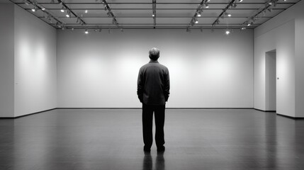 Solitary figure in empty gallery room, exploring themes of mental emptiness and quiet contemplation Image 4K UHD