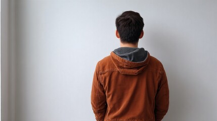 Young man standing near white wall in casual pose, conveying emotional withdrawal and quiet thought Image 4K UHD