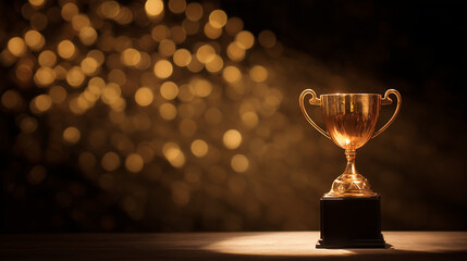 Glowing Gold Trophy on Velvet Podium with Dramatic Spotlight and Subtle Bokeh 