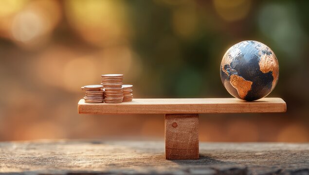 A wooden seesaw with a stack of coins on one side and a globe on the other, symbolizing a balance between money and the world