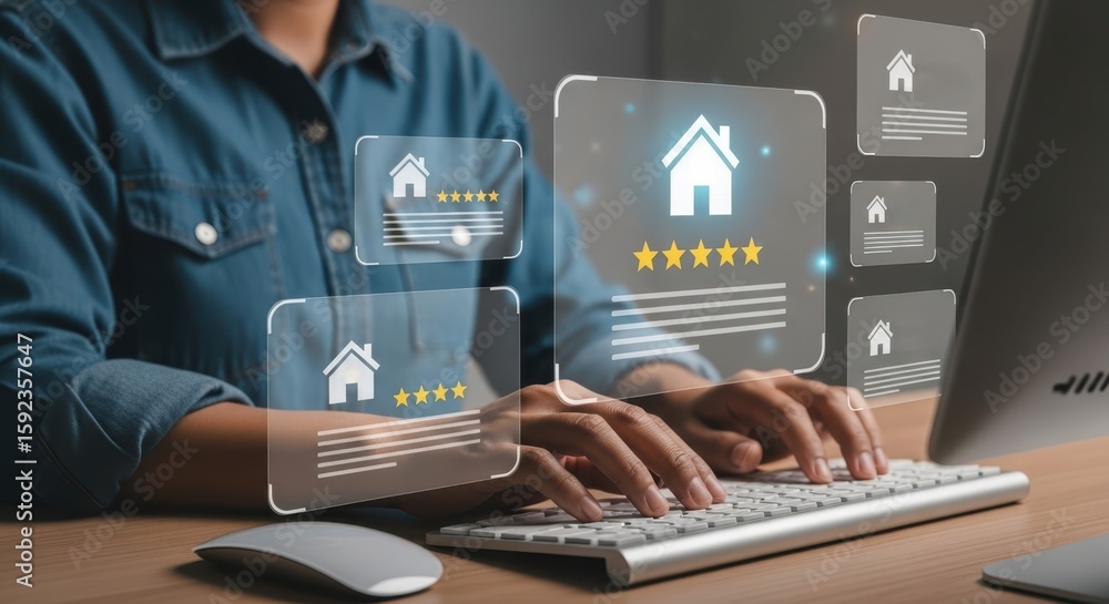 Poster photo of a person types on a keyboard, interacting with a digital interface displaying customer feed