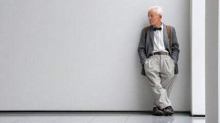 Elderly man leaning against wall in bright interior, representing emotional stillness and reflection on aging Image 4K UHD