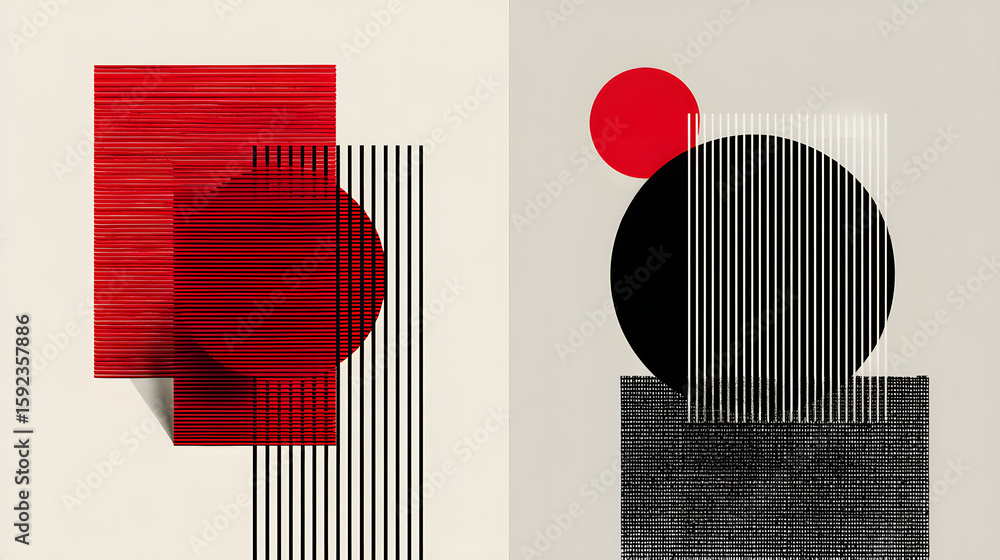 Poster geometric harmony in color: two abstract compositions, utilizing vibrant red and monochrome arrangem