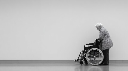 Elderly person seated in wheelchair near wide wall, capturing emotional silence and the stillness of aging Image 4K UHD