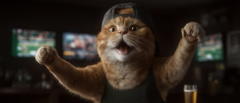 Playful orange tabby cat in backwards tank top with joyful expression