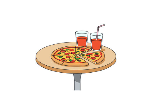 Table with a pizza and drinks on white background - Powered by Adobe