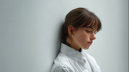 Young woman resting head against wall in quiet interior, symbolizing emotional weight and personal stillness Image 4K UHD