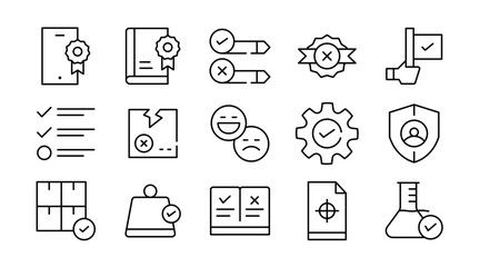 Quality control linear icon set. Business audit, correct, search, testing, product, checkmark, approve, finance, quality check, assurance, production, vector icon set. UI thin line icon pack.