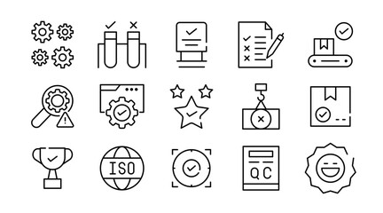 Quality control linear icon set. Business audit, correct, search, testing, product, checkmark, approve, finance, quality check, assurance, production, vector icon set. UI thin line icon pack.