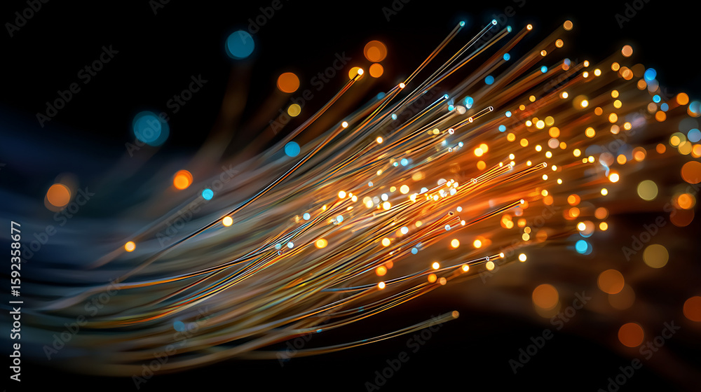 Poster fiber optic data stream: a dynamic display of fiber optic cables, emitting a vibrant array of light,
