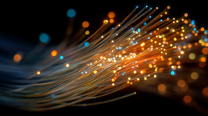 Fototapeta premium Fiber Optic Data Stream: A dynamic display of fiber optic cables, emitting a vibrant array of light, symbolizing the flow of information in a technologically advanced world.
