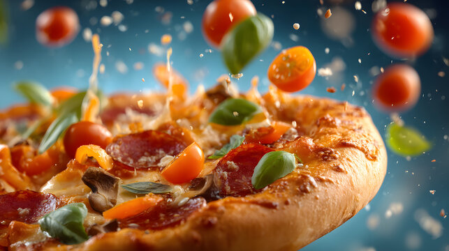 Savory pizza with topping: A mouthwatering pizza with fresh, vibrant toppings artfully captured mid-air. The image captures the appetizing flavors and visual appeal of the classic dish.
