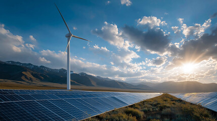Solar Energy and Wind Turbine: The fusion of solar panels and a wind turbine symbolizes the growth of clean energy during a beautiful, sunny day.