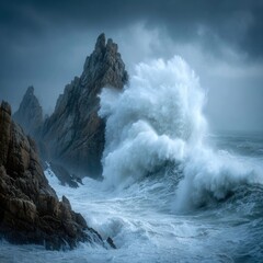 Obraz premium Powerful Waves Crash Against Rugged Rocks in Moody Sea Landscape