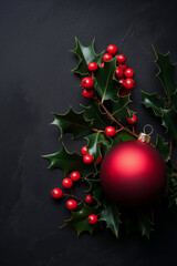 Holly leaves with red berries and a festive christmas ornament ball on a dark background for Holiday season greeting card.