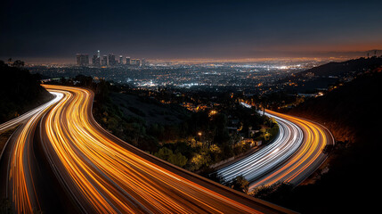Fototapeta premium Night City Trails: The photo beautifully captures the intricate dance of light trails, revealing the city's hidden dynamism. Witness the breathtaking cityscape below as the highways intertwine.
