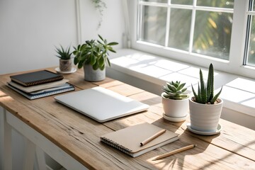Fototapeta premium Workplace with laptop, lamp, books, copybooks, wooden shelves and green domestic plants in flowerpots and map picture on wall