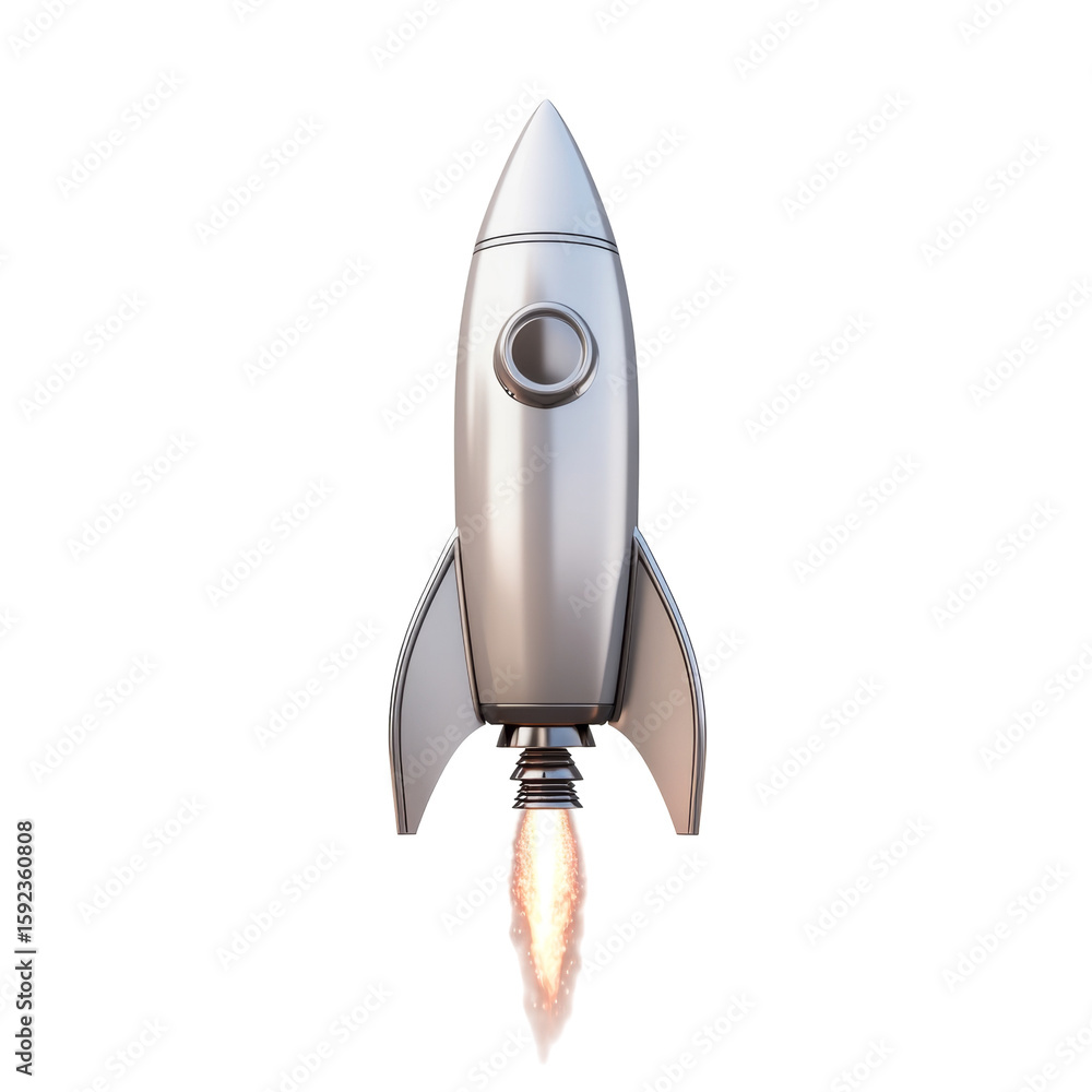 Poster silver rocket ship with flames showing forward motion and power during launch