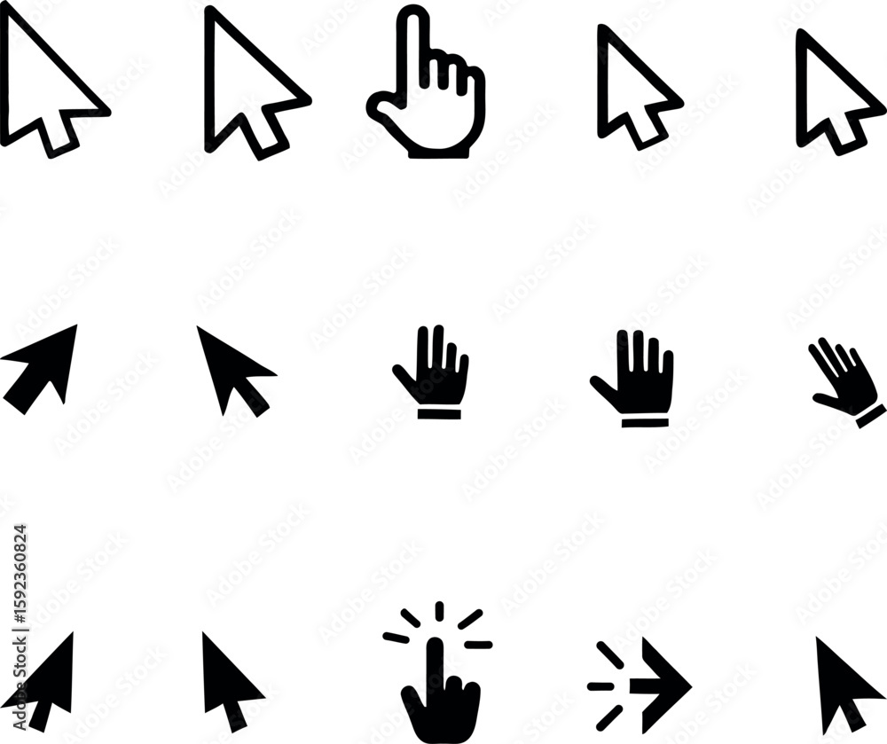 Fototapete collection of various computer mouse cursor icons and hand pointers isolated on white background