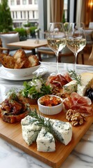 A beautifully set table showcases a colorful array of breads, fruits, cheeses, nuts, and prosciutto for an inviting feast
