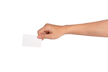 Hand holding a blank white smart card isolated on transparent PNG. Concept for business, technology...
