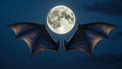 Pair of Bat Wing Mockup Flying Vampire Devil Monster Haunted Scary Halloween Mythical Beast Fantasy Full Moon Night Illustration