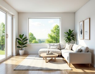 Fototapeta premium Modern Bright Living Room Interior with Nature View