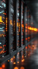 Modern Data Center with Servers Illuminated by Orange Lights