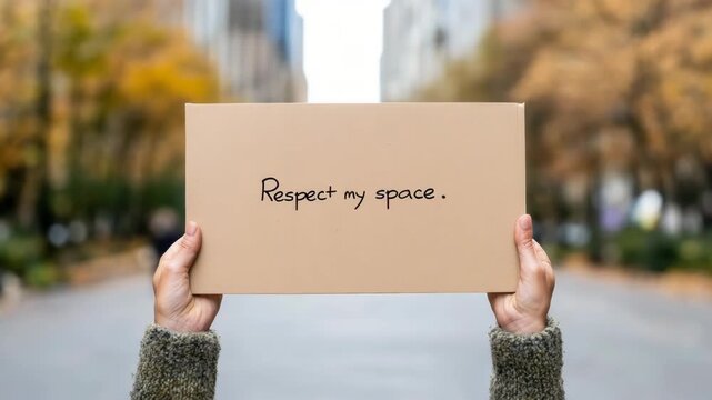 A person holding a sign saying Respect my space, demonstrating the idea of setting boundaries and valuing personal space.