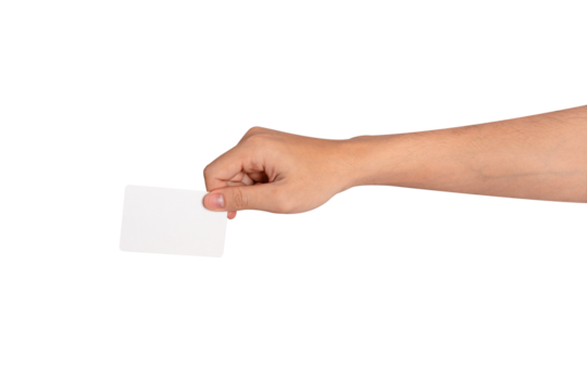 Hand holding a blank white smart card isolated on transparent PNG. Concept for business, technology and advertising.